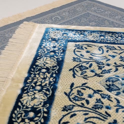Velvet Muslim Prayer Rug Set with 99 Beads - Blue - color: Blue