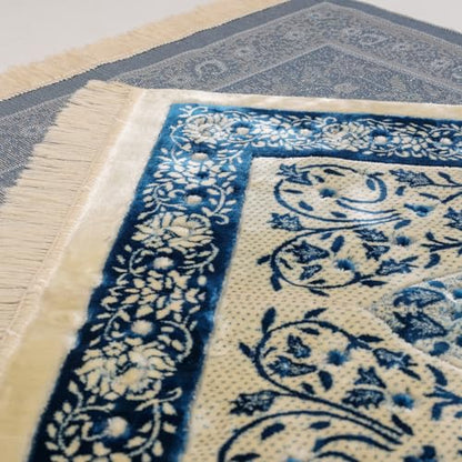 Velvet Muslim Prayer Rug Set with 99 Beads - Blue - color: Blue