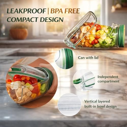 Salad Jar with Side Opening, 35oz Leakproof Salad Container with Dressing Cup, Reusable Cutlery & Cleaning Cloth, BPA-Free Tritan Lunch Jar for Meal Prep, Office, Gym, Travel & Healthy Lunches