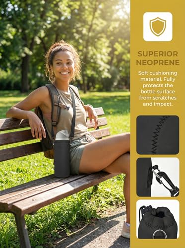Neoprene Water Bottle Carrier Bag with Adjustable Shoulder Strap,Insulated Water Bottle Cover for Stainless Steel/Glass/Plastic Bottles - color: Charcoal Black, size: 500ml