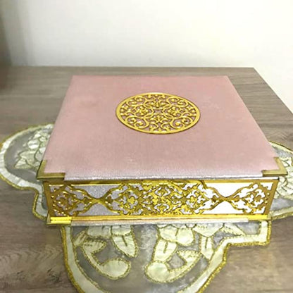 Velvet Covered Quran and Pearl Tasbih in Wooden Decorative Box | Gift Islamic Set Birthday, Wedding Muslim Eid Ramadan (Pink) - color: Pink