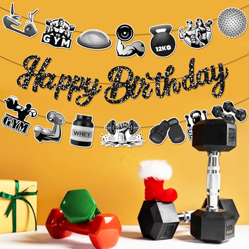 3Pcs Gym Happy Birthday Banner Barbell Boxing gloves Party Hanging Banner Fitness Theme Birthday Bridal Wedding Baby Shower Boys Girls Kids Home Classroom Party Supplies Decorations - color: Gym