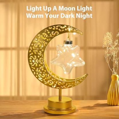 Lewondr Decorative Moon Star Table Lamp, Battery Operated Desk Warm Light | Ramadan Eid Mubarak Festival Decoration, Cordless Metal Crescent Star Lantern Light for Bedroom Nightstand, Desktop & Holiday - style: Star Moon