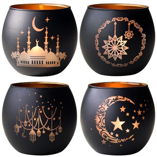Eid Mubarak Decorations for Home, Ramadan Table Decor 4 Pcs, Elegant Black & Gold Glass Tealight Candle Holders, Votive Candle Holders Ramadan Decorations for Home, Islamic Gifts - color: Black