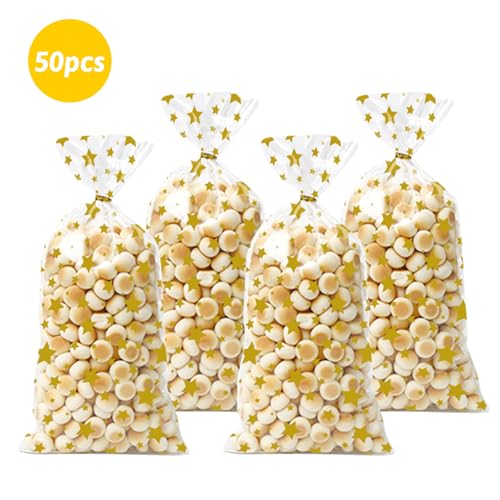 Totelux Star Cellophane Gift Bags 50PCS Clear Candy Bags Plastic Treat Goodies Bags with Ties for Cookies Gift Packaging Birthday Party Supplies Gold