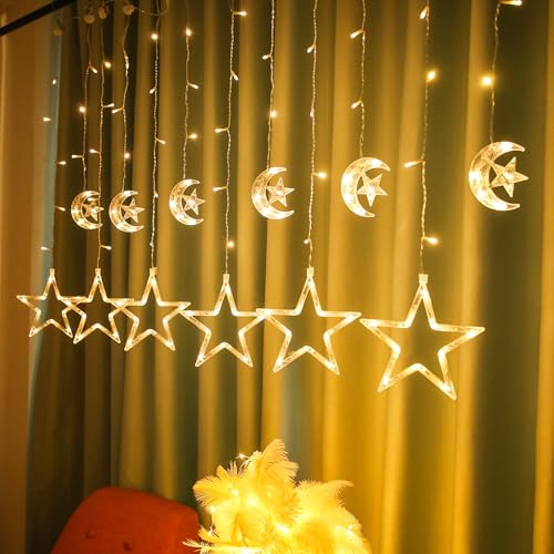 138 Led Curtain String Lights Star Moon Icicle Light with 8 Lighting Modes Timer USB Operated Dimmable Fairy Hanging Lights for Window Wall Home Decoration (Crescent Warm White) - size: Crescent and Star