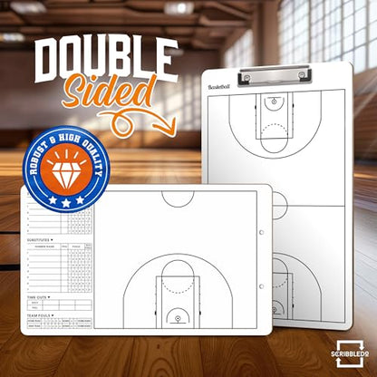 Basketball Dry Erase Coaching Clipboard 15x9 Double Sided Game Board | Wipes Clean No Residue, Double Sided Full Court and Scorebox, Youth to Pro Coaches, Sturdy Surable Lightweight