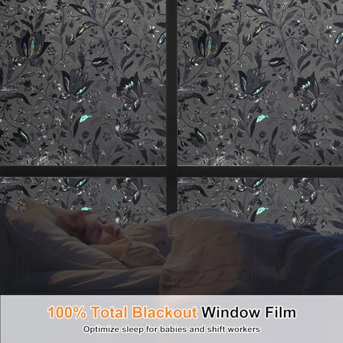 Blackout Window Film, 100% Sun Light Blocking Removable Privacy Window Cover, Stained Glass Windows Tint for Home, Static Cling Room Darkening Windows Stickers (Black Tulip, 17.5" x 78.7") - color: Black-tulip, size: 17.5" x 78.7"
