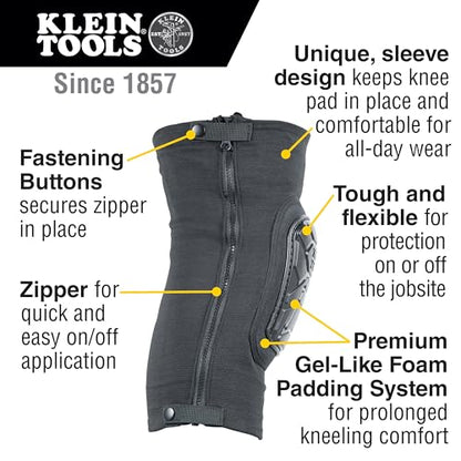 KLEIN TOOLS 60629 Tough-Flex Knee Sleeves for Work, Construction, Low-Profile Sleeve with Zipper, Gel-Like Foam, Black, M/L - size: M/L