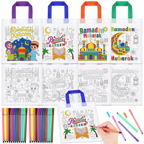 HOWAF 12pcs Ramadan Coloring Goodie Bags with Paint Pens for Kids, Eid Ramadan Mubarak Coloring Candy Bags Ramadan Kareem Coloring Gift Bags, Ramadan Kareem Reusable Canvas Bag Party Favors Coloring