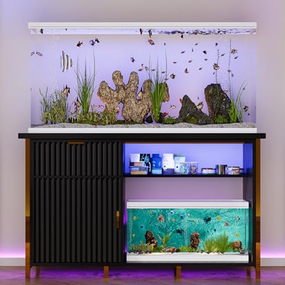 55-75 Gallon Fish Tank Stand with Power Outlets, LED Light, Vertical Lines, Heavy Duty Aquarium Stand with Cabinet for Fish Tank Accessories Storage, Turtle Tank, Reptile Terrarium (Black and Gold) - color: Black and Gold
