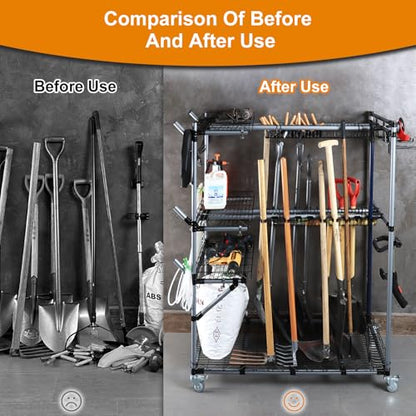 BIG Garden Tool Organizer with Wheels - Rolling Storage Rack - Multifunctional Cart