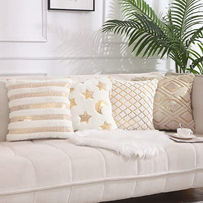 Holibeat White Moon Star Sequins Pillow Covers Ramadan Fur Cushion Covers 18x18 inch DecorationThrow Pillow Cases (Pack of 2) - color: White Moon Star