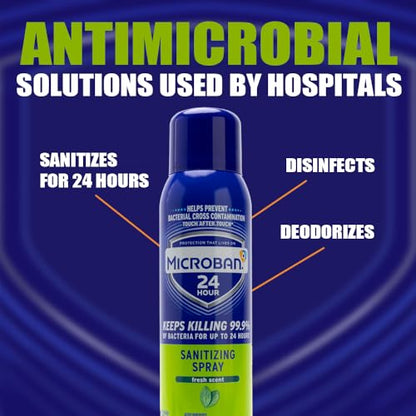 MICROBAN Sanitizing Spray, 15 oz., 2 Pack, Fresh Scent, Disinfects, Sanitizes, Eliminates Odors, and Keeps Killing 99.9% of Bacteria on Hard, Non-Porous Surfaces in Home for up to 24 Hours