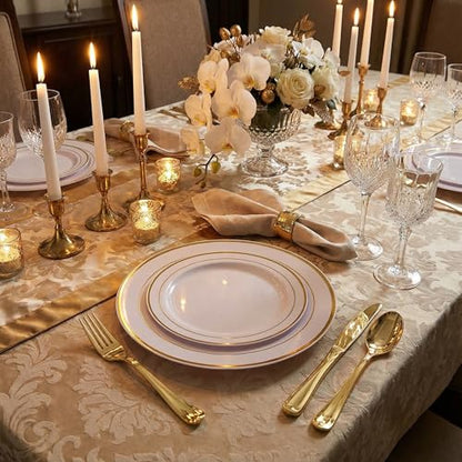 Supernal 400pcs Gold Plastic Plates for 50 Guests Heavy Duty Disposable Party Plates, 200 Gold Plastic Silverware, Linen Napkins, Clear Cups For Valentine's Day Mother's Day and Easter - color: 400pcs White and Gold Plastic Dinnerware