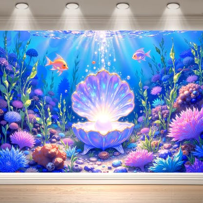 7x5FT Mermaid Backdrop Under The Sea Party Decorations | Underwater Ocean Scene with Giant Shell & Pearl,Coral Reef Fish Aquarium Background for Photography Kids Birthday Baby Shower - size: 7x5 FT