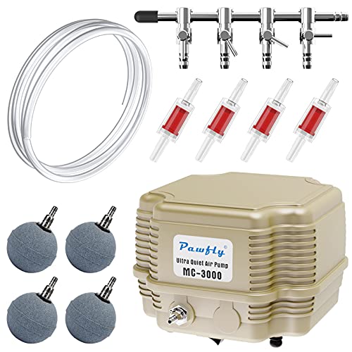 Pawfly 7 W 254 GPH Commercial Air Pump Adjustable Quiet Oxygen Aerator Pump with Air Stones 4 Outlets Manifold and Airline TubingAccessories for Up to 300 Gallon Tank Aquarium Pond - size: Basic with Kit (Up to 300 Gallon)