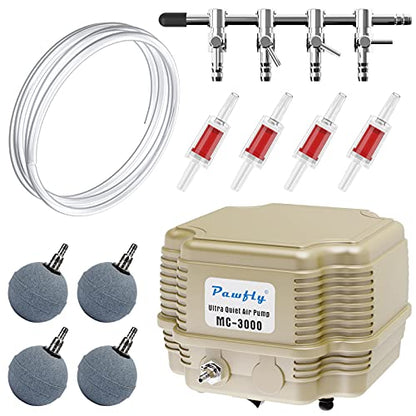 Pawfly 7 W 254 GPH Commercial Air Pump Adjustable Quiet Oxygen Aerator Pump with Air Stones 4 Outlets Manifold and Airline TubingAccessories for Up to 300 Gallon Tank Aquarium Pond - size: Basic with Kit (Up to 300 Gallon)
