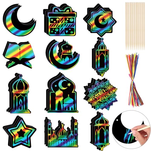 HOWAF 36pcs Ramadan Mubarak Scratch Paper Art Kit, Eid Mubarak Rainbow Scratch Off Cards for Eid Holiday Activity School DIY Drawing Project Supplies, Ramadan Kareem Paper Scratch Pad