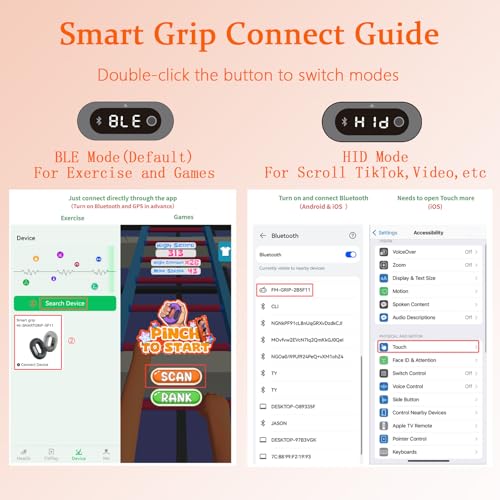 Smart Grip Strength Trainer with Bluetooth APP - Squeeze to Play Games & Scroll Video Hands-Free, Soft Silicone, Portable Hand Exercise for Strength, Stress Relief & Rehab (Orange, 40 LB)