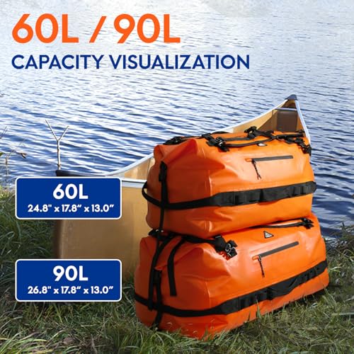 Haimont IPX7 Waterproof Roll-Top Dry Duffel Backpack | 60L/90L Sizes, 500D Tarpaulin, Welded Seams, Mesh Pockets, Boating & Kayaking - color: Orange, size: 60L