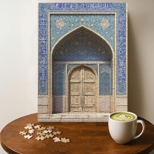 Blue GATE of The Mosque Islam Jigsaw Puzzle - 500 Pieces Wooden Puzzle for Adults, Wall Art Gift, Finished Size: 20 x 15 Inch - color: Blue Gate of the Mosque - 500 Pieces