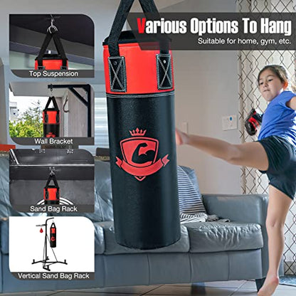 GYMAX Punching Bag for Kids, Pre Filled Kids Punching Bag with Boxing Gloves, Hand Wraps & Carry Bag, Hanging Heavy Punching Bag for Kids MMA Kick Boxing Muay Thai Taekwondo Karate Workout