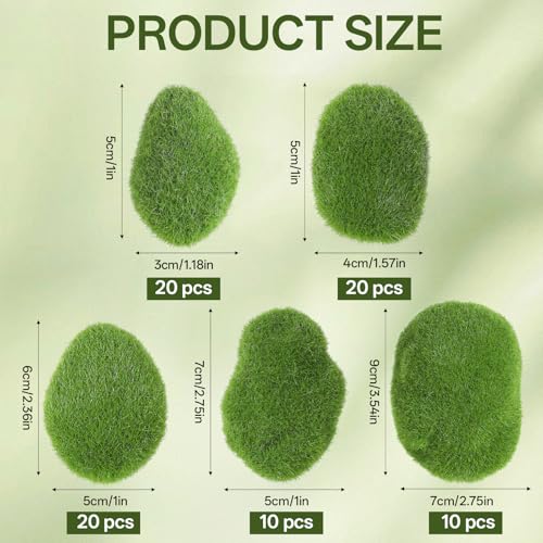 80 PCS Artificial Moss Rocks 5 Size Decorative Moss Stones Green Moss Covered Stones Fake Moss Rocks Decor for Floral Arrangements Crafting