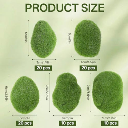 80 PCS Artificial Moss Rocks 5 Size Decorative Moss Stones Green Moss Covered Stones Fake Moss Rocks Decor for Floral Arrangements Crafting