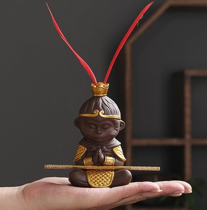 Handmade 4.6" Monkey King Statue Sun Wukong Buddha Zen Monk Figure Chinese zisha Purple Clay Sculpture with Golden Cudgel, Collectible Purple Sand Tea Pet fish tank Home Car Decor Tea Tray