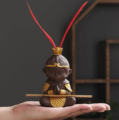 Handmade 4.6" Monkey King Statue Sun Wukong Buddha Zen Monk Figure Chinese zisha Purple Clay Sculpture with Golden Cudgel, Collectible Purple Sand Tea Pet fish tank Home Car Decor Tea Tray