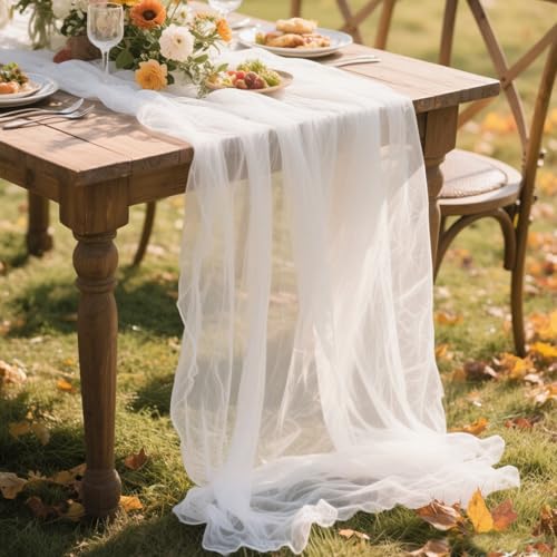 White Gauze Table Runner 10ft Rustic Cheese Cloth Table Runner 38×120 Inches Boho Style Decorations for Romantic Date Wedding Party Baby Shower Photography Decoration - color: White, size: 10 ft × 1 pc