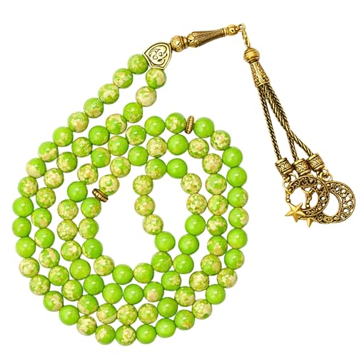 Amazing Gemstone Crystal Tasbeeh with Moon and Star Charm - Certified Crystal Muslim Prayer Beads Natural Gemstone Tasbih Gift for Ramadan Dhikr and Daily Namaz (G) - color: Green Turquoise