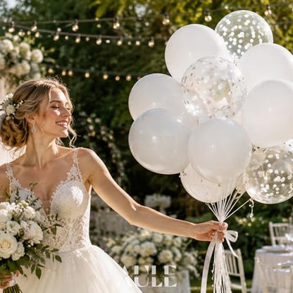 AULE Party Balloons Pack of 42-12in White Confetti Balloons & White Latex Balloons and 64ft Ribbons - 12 Inches Balloons Decorations Set - color: White