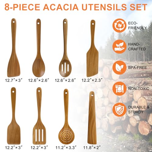 8 Pcs Best Acacia Wood Kitchen Utensil Set Wooden Spoons for Cooking Wok Turner Spatulas Bamboo Non Toxic Cooking Utensils Scraper Spurtle Kitchen Slotted Cooking Spoon Flat Egg Flipper Spatula Set - color: 8Pcs-Utensils