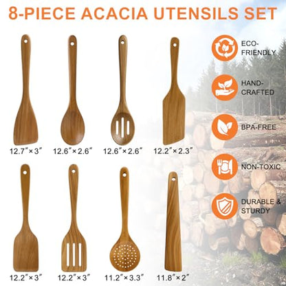 8 Pcs Best Acacia Wood Kitchen Utensil Set Wooden Spoons for Cooking Wok Turner Spatulas Bamboo Non Toxic Cooking Utensils Scraper Spurtle Kitchen Slotted Cooking Spoon Flat Egg Flipper Spatula Set - color: 8Pcs-Utensils