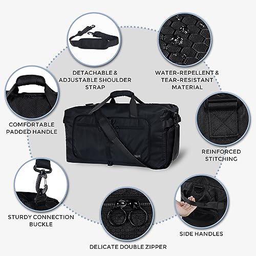 Fmeida 65L Duffle Bag with Shoes Compartment, Foldable Travel Duffel Bags for Men Women, Large Packable Travel Bag Water Repellent & Tear Resistant (Black) - color: Glossy Black