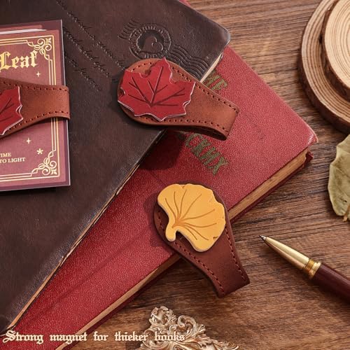 2PCS Vintage Magnetic Leather Bookmark, Leather Magnetic Bookmarks for Women, Magnetic PU Bookmarks Clip Book Accessories, Ginkgo & Maple Leaf - style: Ginkgo & Maple Leaf