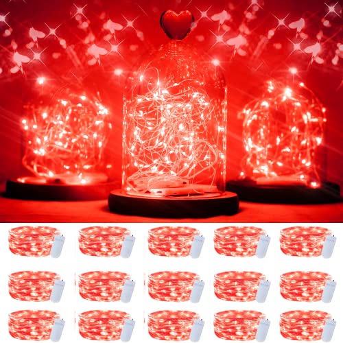 SmilingTown 15 Packs 20 Led Red Fairy Lights Battery Operated 6.6ft Silver String Lights Waterproof Firefly Starry Light for Bedroom Dorm DIY Table Centerpieces Halloween Christmas Party Decor - color: Red