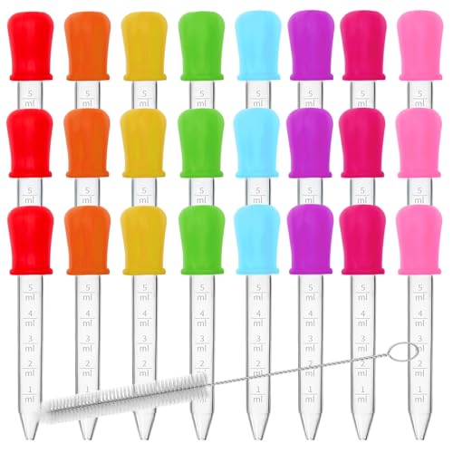 24 Pack Liquid Droppers with a Clean Brush, 5ML 8 Colors Silicone and Plastic Pipettes with Bulb Tip, Medicine Eye Dropper for Crafts/Candy Mold/Gummy Bear Maker/Oil
