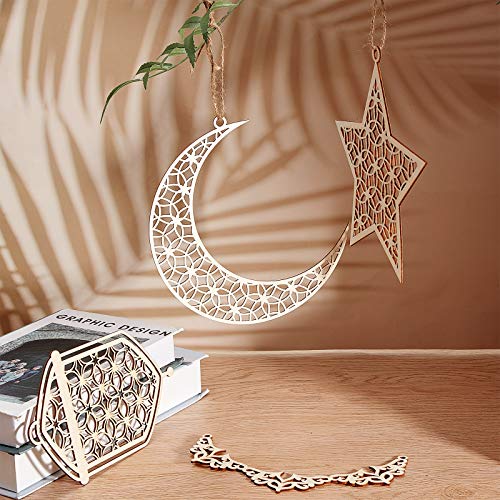 9 Pieces Wooden Pendant Ornament Ramadan Kareem Hollow Decoration Moon Star Wind Light Shape Pendant Ornament Happy Eid Hanging Sign for Ramadan Mubarak Eid Party Decorations