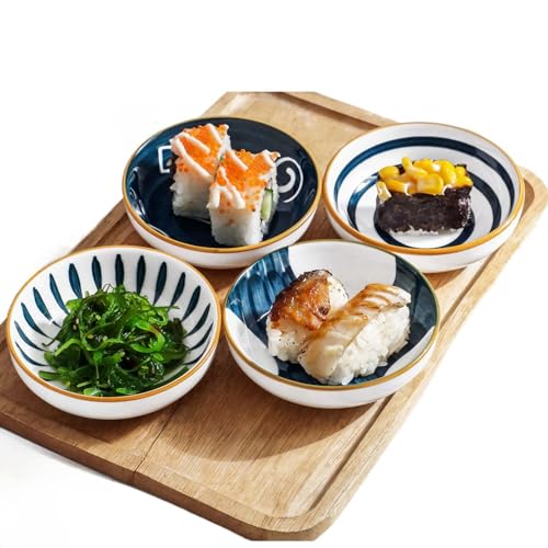4 Pack 3 oz Small Soy Sauce Dish Ceramic Dipping Sauce Bowls | Japanese Style/Cute/Mini Dipping Bowls for Sushi,Side Dish,Ketchup,Dips,Condiment,Snack/BBQ Party/Stackable - color: Japanese Blue