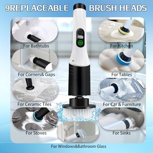Spin Scrubber,9-In-1Multifunctional Cleaning Brush with Detachable Handle,9 Replaceable Brush Heads&LCD Display,Rechargeable Electric Spin Scrubber for Bedroom,Bathroom,Kitchen,Car - color: Black