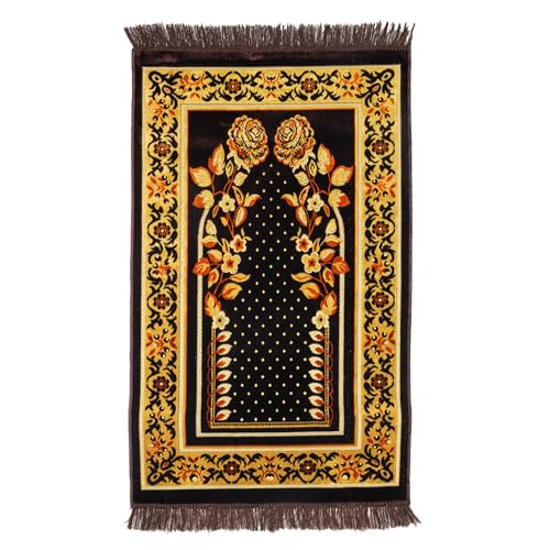 Muslim Prayer Rug, Soft Plush Thin Islamic Prayer Mat, Janamaz, Sajada, Praying Carpet, Islamic Gift for Men & Women, Islamic Ma, Eid & Ramadan Gift with Prayer Beads, 26x43 inch, Black - color: Tabuk / Kaaba Black