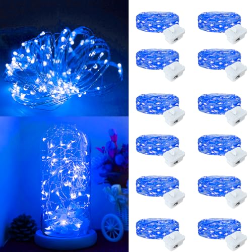 12 Pack Fairy Lights Battery Operated, 7ft 20 LED 3 Modes Speed Twinkle Mini String Lights Waterproof Silver Wire Firefly Starry Lights for Mason Jars Wedding Party Christmas Decorations - color: Blue, size: 12 Pack