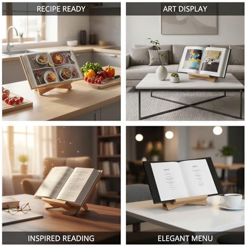 Wooden Book Stand, Open Display X Shape for Large Books, Detachable Coffee Table Holder, Easy Slot Together Wood Easel for Recipe, Bible, Quran, Menu, Magazine