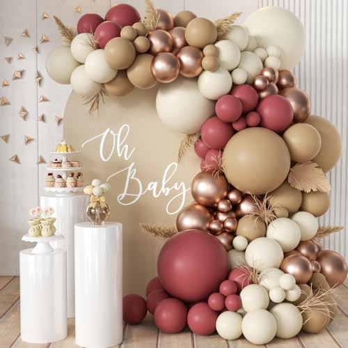 MEBAY Red Brown White Gold Balloon Arch Kit, 166Pcs Boho Ruby Red Balloons Garland for Valentine's Day Wedding Bachelorette Birthday Mother's Day Graduation Party Decoration - color: Red-brown-white