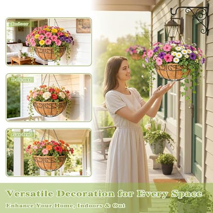 4 Pack 12 Inch Hanging Baskets for Plants Outdoor Metal Hanging Planter Hanging Flower Baskets with Coco Fiber Liners Chain Round Wire Plant Holder Flower Pots(Plaid) - size: 12 Inch, style: Plaid
