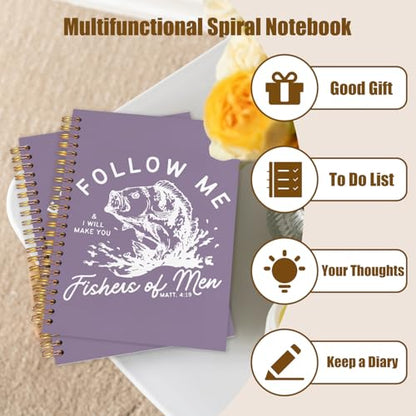 WUCHJ Purple Retro Fish Christian Notebook, Matthew 4:19 Bible Verse Journal, Religious Scripture Spiral Notebook Journal for Note Taking, Christian Faith Based Gifts for Women Men, 5.5x8.3 Inch - color: purple fish follow me