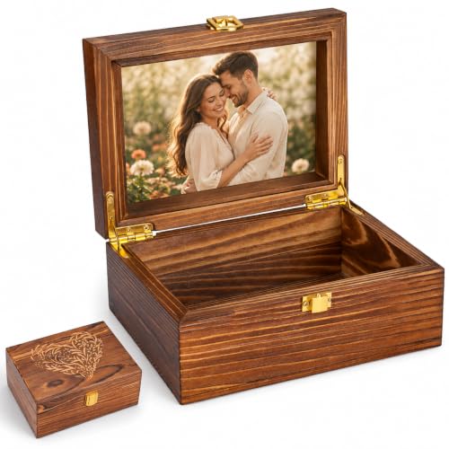 Small Wooden Memory Keepsake Boxes With Hinged Lids and a photo frame inside the lid - Decorative Storage Box With a Hinge Lids For Picture Letter Time Capsule - Wooden Gift Boxes，3.1“*5.1”*7.1“ Carbo - color: Wooden